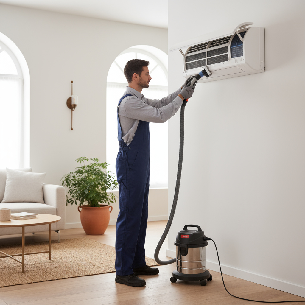 Técnico de climatización revisando un aire acondicionado en Madrid